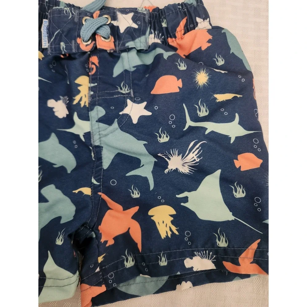 RuggedButts Boys Navy Sea Life Shark Stingray Swim Trunks Size 18-24M